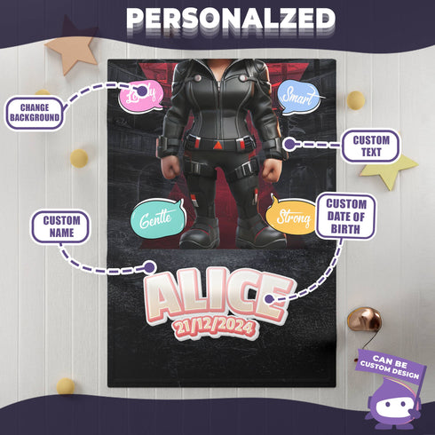 Personalized Stealth Girl Baby Blanket – Custom Superhero Name, Date & Background Options